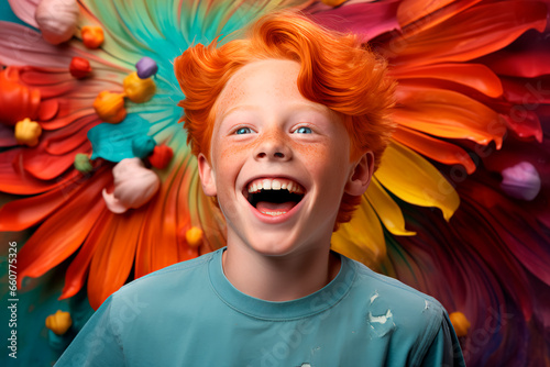 Portrait of a beautiful red-haired child on a colored background. A happy child, a joyful and bright childhood.
