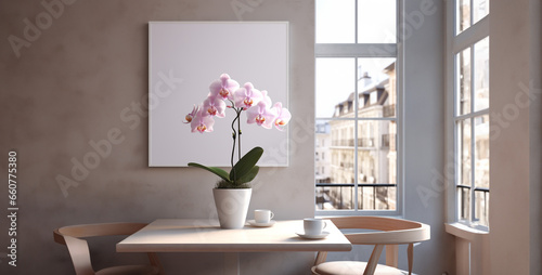 design of living room, realistic photo orchid flower pots white and light pink colour flower
