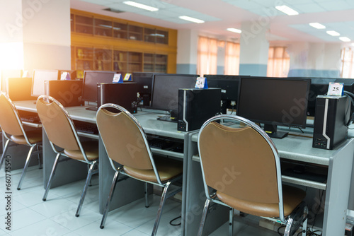 Set of computers in the office spaces without people