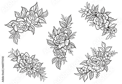 Trendy botanical elements, Hand drawn line leaves branches and blooming