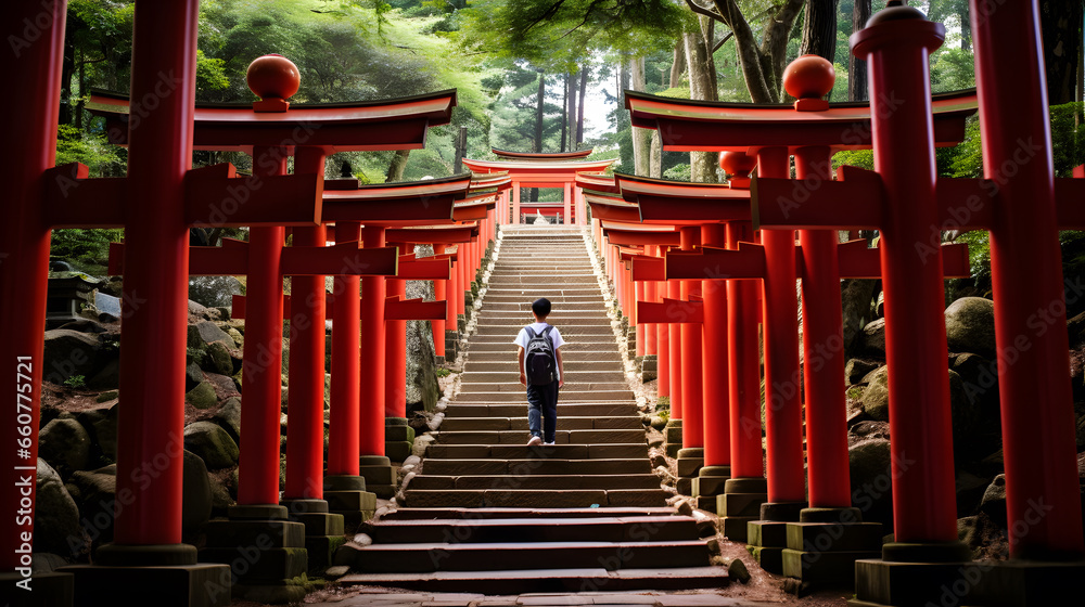 a boy walking up to the red torii gates of Fushimi Inari Taisha Shrine in Kyoto, Japan
