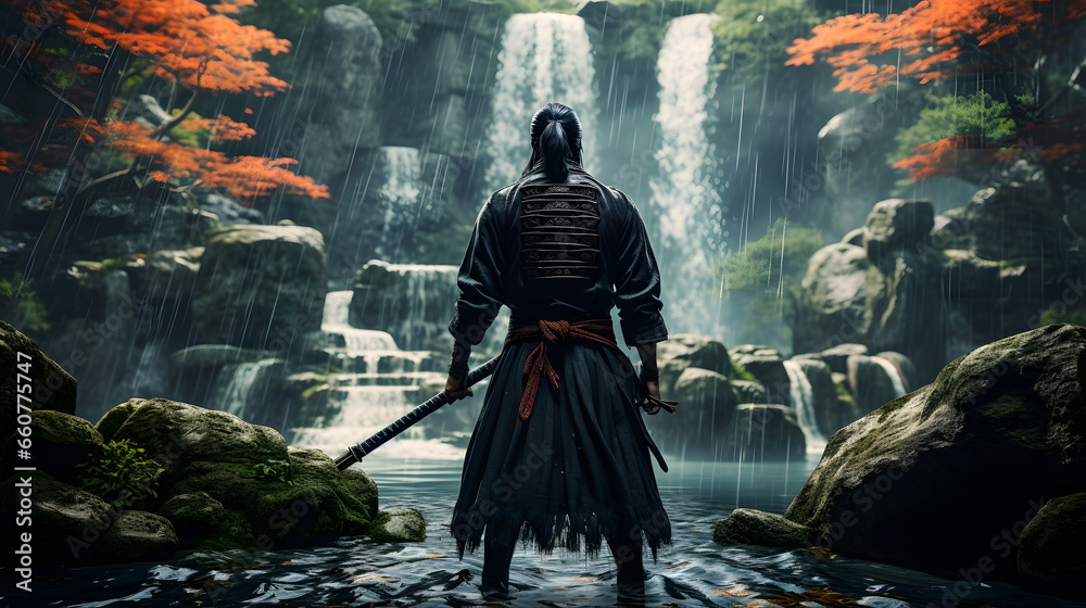 Japanese samurai with a sword in front of a waterfall in the forest