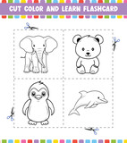 Cut Color And Learn Flashcard Activity coloring book for kids with Cute cartoon character 
