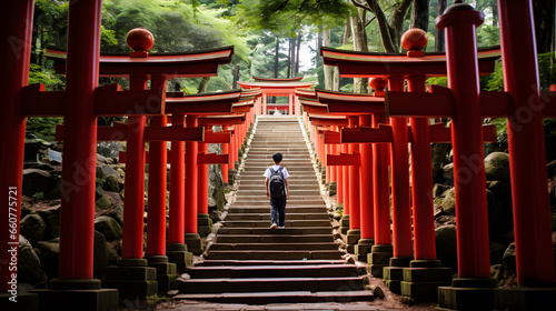 a boy walking up to the red torii gates of Fushimi Inari Taisha Shrine in Kyoto, Japan © Andsx