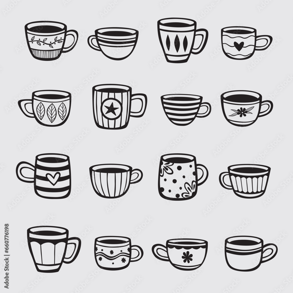 Obraz premium Set of hand drawn cups of tea and coffee