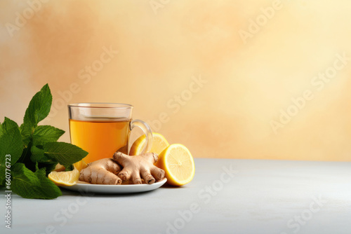 Cup of ginger tea with lemon, honey and mint with copy space