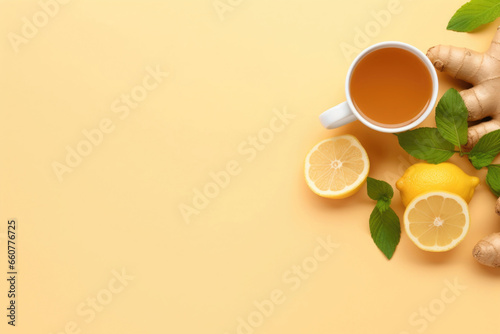 Cup of ginger tea with lemon, honey and mint with copy space