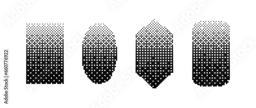Geometric shapes bitmap set. Dither gradient forms collection. Oval, rectangles, diamond elements design elements for poster, banner, collage, booklet, brochure. Abstract pixelated shapes pack. Vector