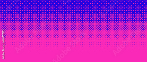 Pixelated bitmap gradient texture. Blue pink dither pattern background. Abstract glitchy pattern. 8 bit video game screen wallpaper. Wide pixel art retro illustration. Vector horizontal backdrop