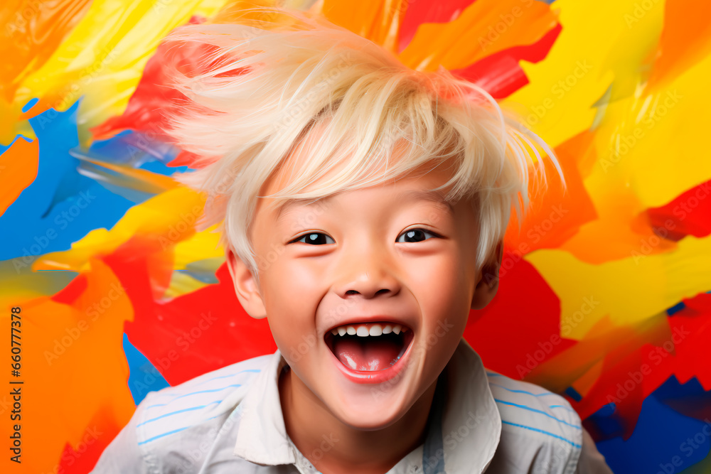 Portrait of a beautiful Asian child on a colored background. A happy child, a joyful and bright childhood.