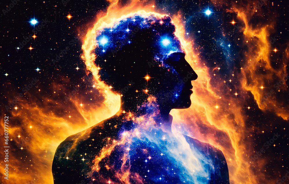 Man silhouette in space with stars and nebula. The concept of God in the image of a man against the background of the universe. Generative AI. Man silhouette in space with stars and nebula. The concept of God in the image of a man against the background of the universe. Generative AI.