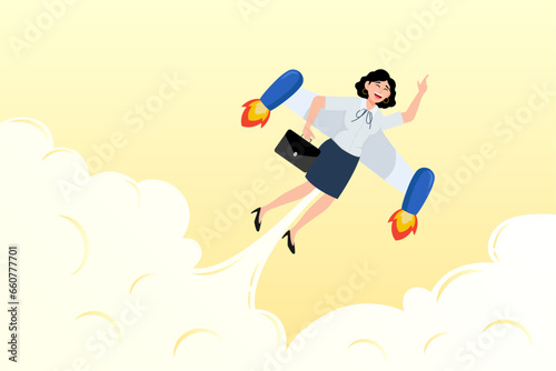 Confident businesswoman flying rocket booster or jetpack engine, success booster or accelerate career growth, woman power or lady leadership, speed up working progress or boost work ambition (Vector)