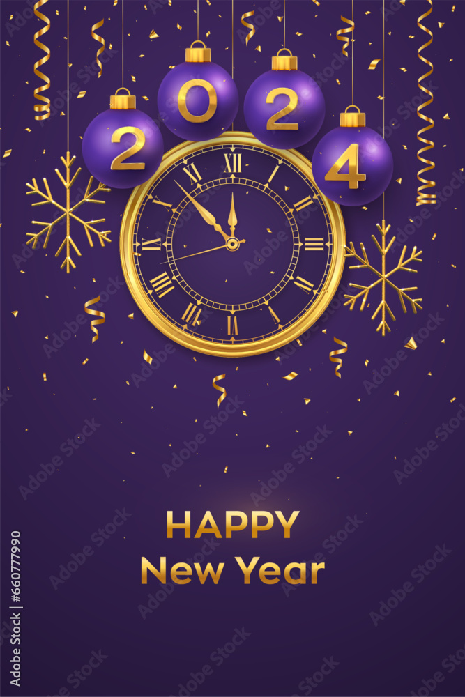 Happy New Year 2024. Hanging purple Christmas bauble balls with realistic gold 3d numbers 2024 and snowflakes. Watch with Roman numeral and countdown midnight eve for New Year. Merry Christmas. Vector Happy New Year 2024. Hanging purple Christmas bauble balls with realistic gold 3d numbers 2024 and snowflakes. Watch with Roman numeral and countdown midnight eve for New Year. Merry Christmas. Vector