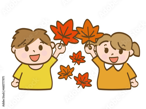 秋のイメージイラスト_紅葉を持つ男の子と女の子_小学生低学年_幼児