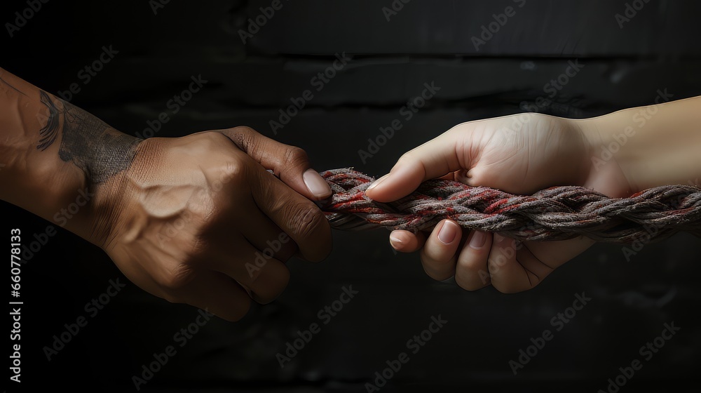 Tug war, two businessmen pulling a rope in opposite directions
