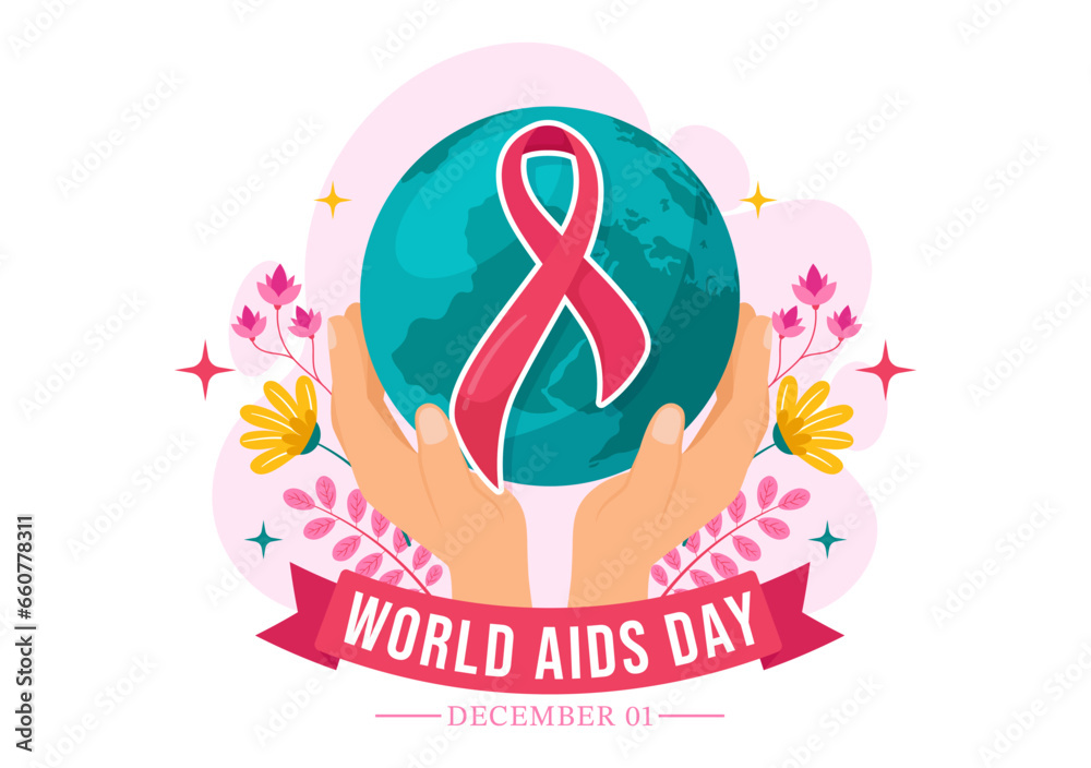 Obraz premium World Aids Day Vector Illustration on 1 december with Red Ribbon to raise awareness of the AIDS epidemic in Flat Cartoon Pink Background Design