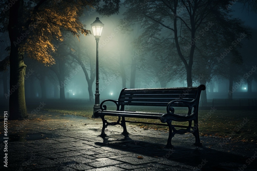 bench in park at night with misty rain. Generative AI