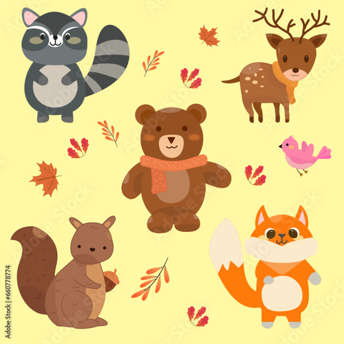 element cute animal in autumn with different leaves