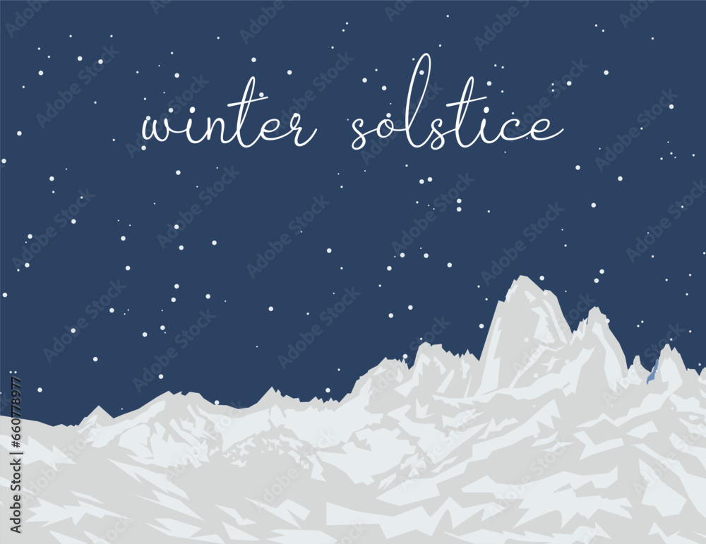 Fototapeta premium Winter Solstice Day December 21-22. The longest night of the year. Dark sky and mountains. Template for invitations, posters, greeting cards. Flat vector illustration