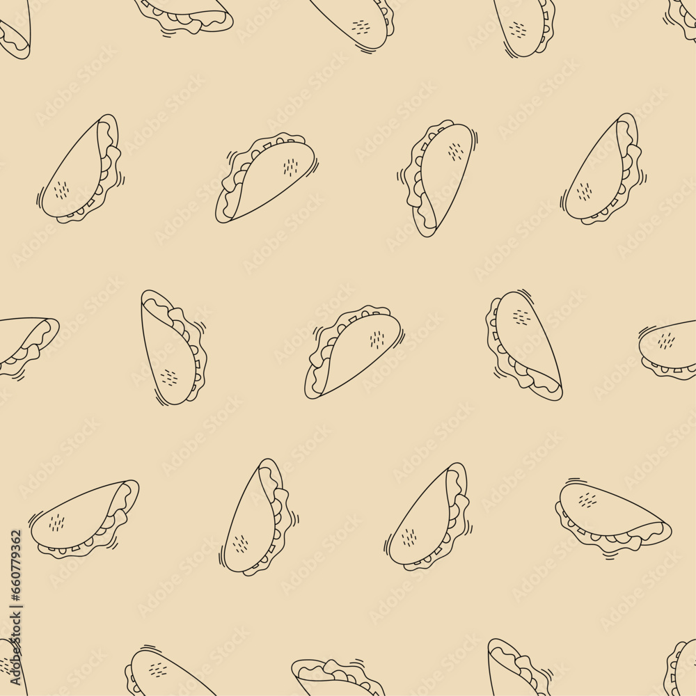 Doodle taco line art seamless pattern. Suitable for backgrounds, wallpapers, fabrics, textiles, wrapping papers, printed materials, and many more.