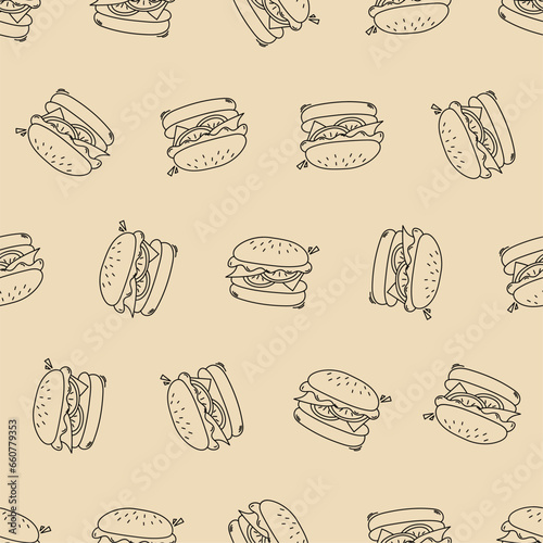 Doodle burger line art seamless pattern. Suitable for backgrounds, wallpapers, fabrics, textiles, wrapping papers, printed materials, and many more.