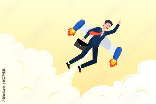 Happy businessman flying high with jetpack rocket booster, ambition or aspiration to success in work, career growth or boost business development, entrepreneur launch new startup project (Vector)