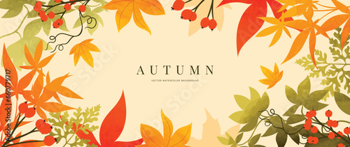 Autumn foliage in watercolor vector background. Abstract wallpaper design with maple and oak leaf, flower, line art. Elegant botanical in fall season illustration suitable for fabric, prints, cover.