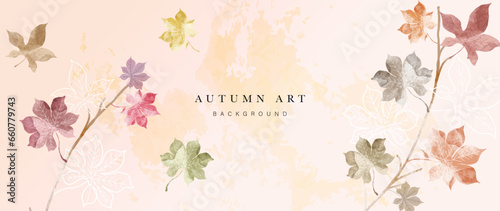 Autumn foliage in watercolor vector background. Abstract wallpaper design with maple leaves  line art  colorful. Elegant botanical in fall season illustration suitable for fabric  prints  cover.