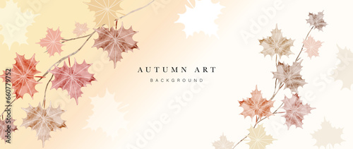 Autumn foliage in watercolor vector background. Abstract wallpaper design with maple leaves, line art, colorful. Elegant botanical in fall season illustration suitable for fabric, prints, cover.