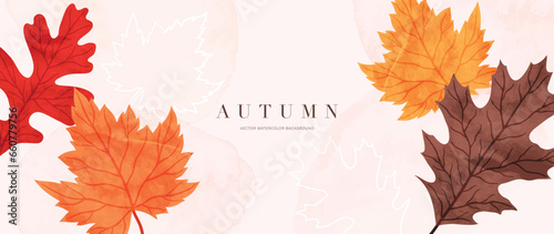 Autumn foliage in watercolor vector background. Abstract wallpaper design with maple leaves, oak leaf, line art. Elegant botanical in fall season illustration suitable for fabric, prints, cover.