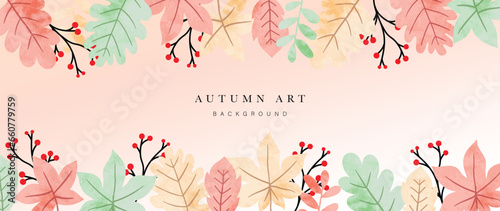 Autumn foliage in watercolor vector background. Abstract wallpaper design with maple and oak leaf, flower, line art. Elegant botanical in fall season illustration suitable for fabric, prints, cover.