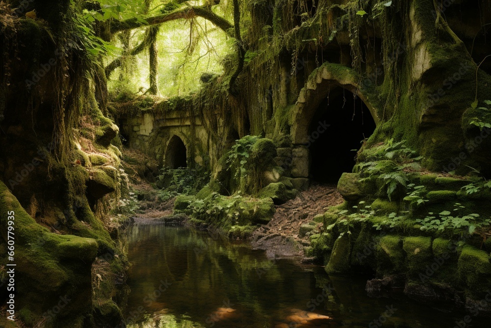 Fototapeta premium a hidden cavern nestled within a lush woodland. Generative AI