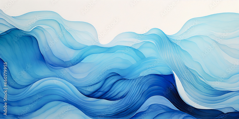 Ocean water waves nature illustration, gradient blue wavy lines for copy space text. Teal lake wave flowing motion web banner. Sea foam watercolor backdrop. Pool water fun ripples wavy blue cartoon.  - obrazy, fototapety, plakaty 
