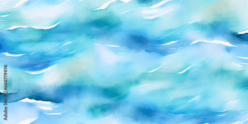 Obraz premium Underwater water surface, blue aqua ocean water wave watercolor illustration. Wavy pool ripples cartoon banner, nature seascape background for beach vacation travel. 