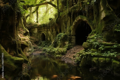 a hidden cavern nestled within a lush woodland. Generative AI