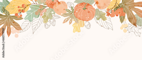 Autumn foliage in watercolor vector background. Abstract wallpaper design with maple, oak, flower, line art, pumpkin. Elegant botanical in fall season illustration suitable for fabric, prints, cover.