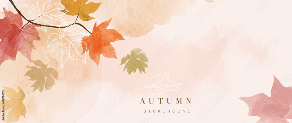 Fototapeta premium Autumn foliage in watercolor vector background. Abstract wallpaper design with maple leaves, line art. Elegant botanical in fall season illustration suitable for fabric, prints, cover.