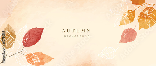 Autumn foliage in watercolor vector background. Abstract wallpaper design with leaves branch, line art. Elegant botanical in fall season illustration suitable for fabric, prints, cover.
