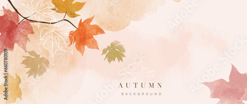 Autumn foliage in watercolor vector background. Abstract wallpaper design with maple leaves, line art. Elegant botanical in fall season illustration suitable for fabric, prints, cover.