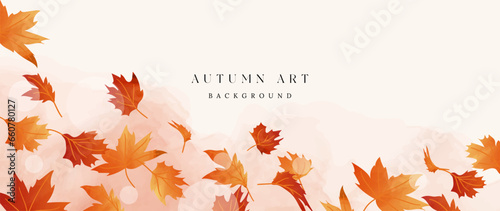Autumn foliage in watercolor vector background. Abstract wallpaper design with maple leaves, line art. Elegant botanical in fall season illustration suitable for fabric, prints, cover.