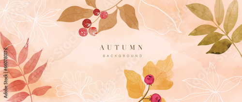 Autumn foliage in watercolor vector background. Abstract wallpaper design with maple and oak leaf, flower, line art. Elegant botanical in fall season illustration suitable for fabric, prints, cover.