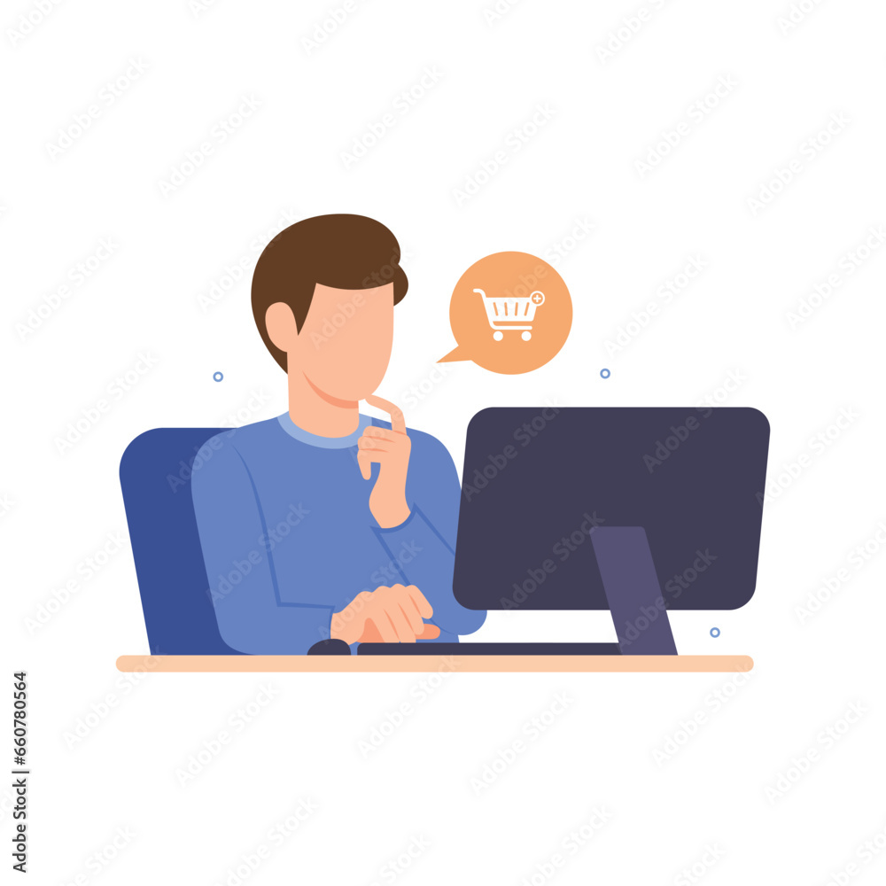 Men shopping online on a computer vector illustration concept