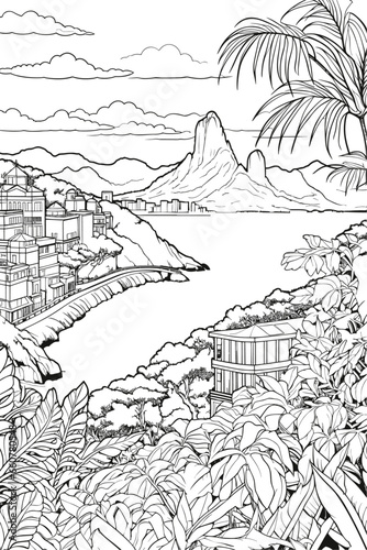 Brazil Rio de Janeiro cityscape black and white coloring page for adults. Buildings, waterfront, mountain, landmarks vector outline doodle sketch for anti stress color book