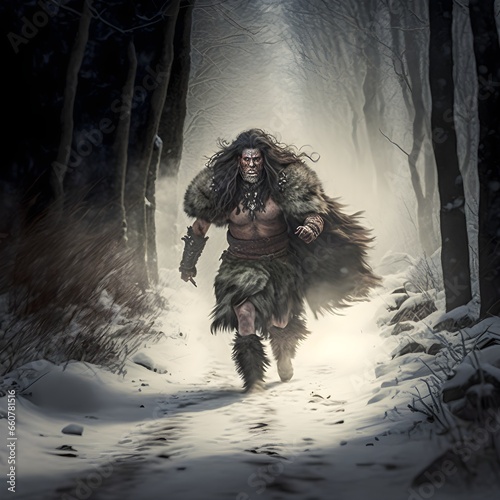 Portrait of an angry Orc running with a strange spear long black hair waist up fur collar floating fur coat and fur pants dressed for winter leather belts tissue shreds visible eyes head to 