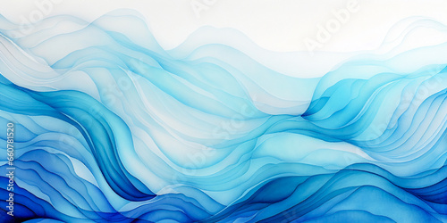 Ocean water waves nature illustration, gradient blue wavy lines for copy space text. Teal lake wave flowing motion web banner. Sea foam watercolor backdrop. Pool water fun ripples wavy blue cartoon. 