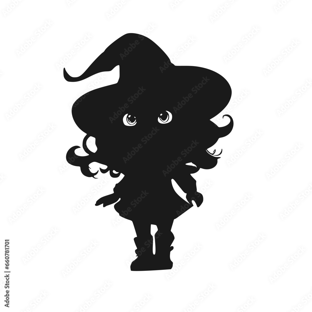 Obraz premium Happy young cute witch girl sketchbook cartoon style silhouette. Long curly hair and big anime style eyes. Halloween relative smiling character