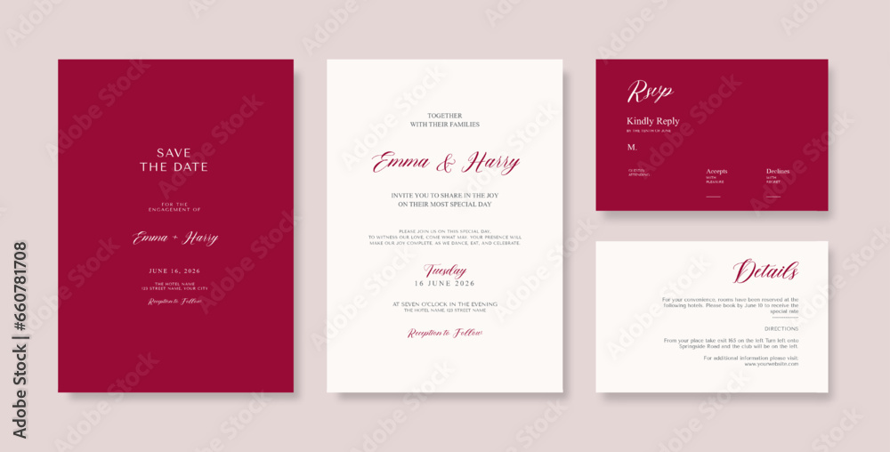 Minimalist burgundy red wedding invitation. Beautiful red and white wedding invitation template