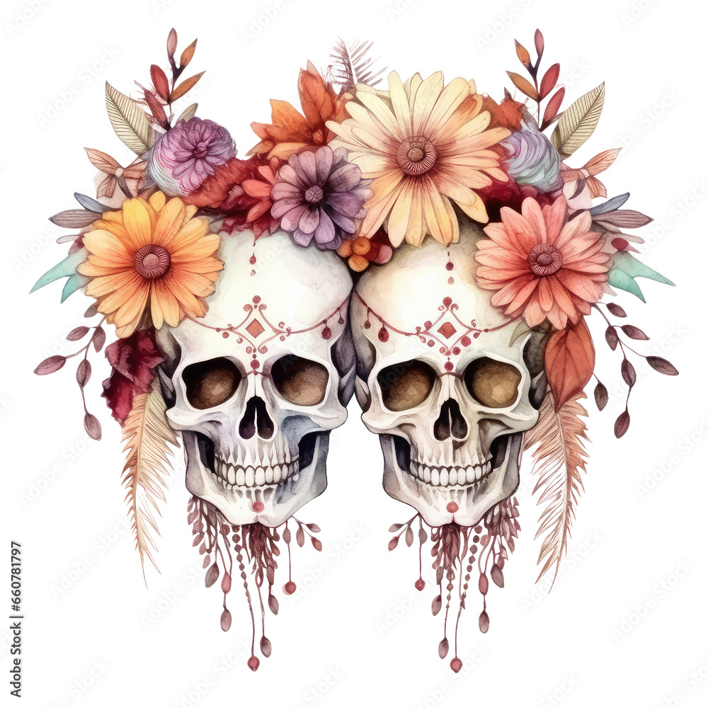 watercolor autumn flower skull clipart