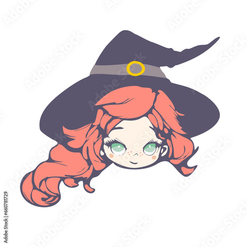 Happy young cute witch girl sketchbook cartoon style portrait. Long curly hair and big anime style eyes. Halloween relative smiling character