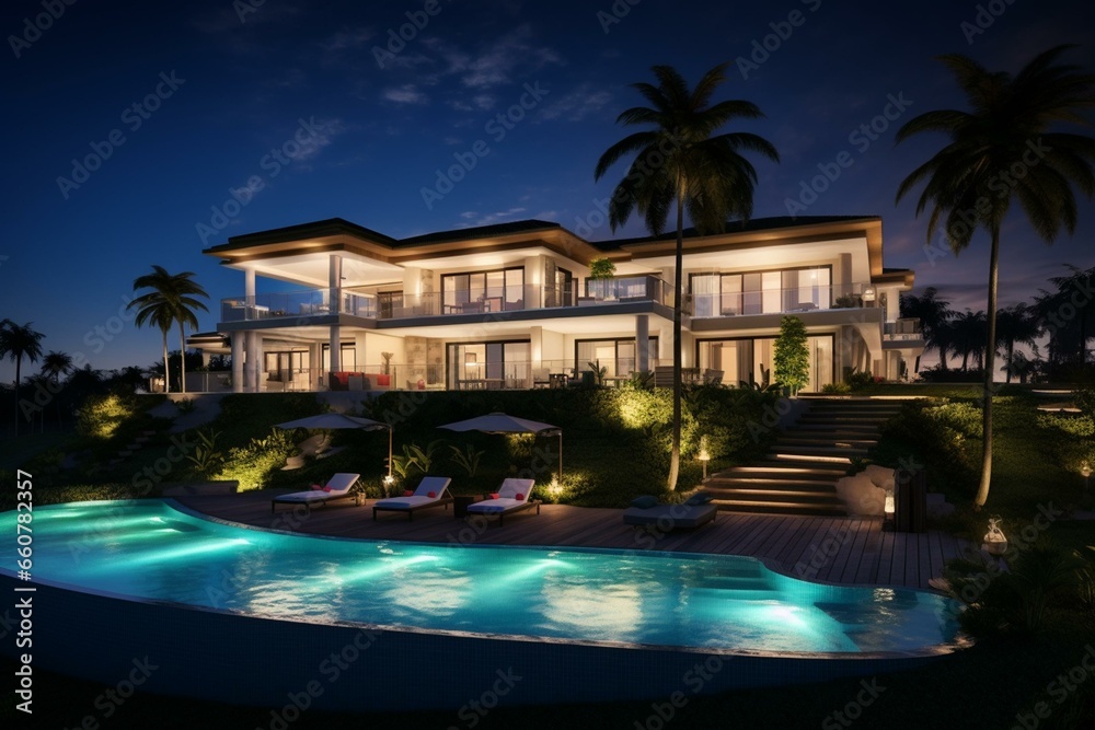 Nighttime view of a lavish villa featuring a pool, offering a panoramic setting. Generative AI